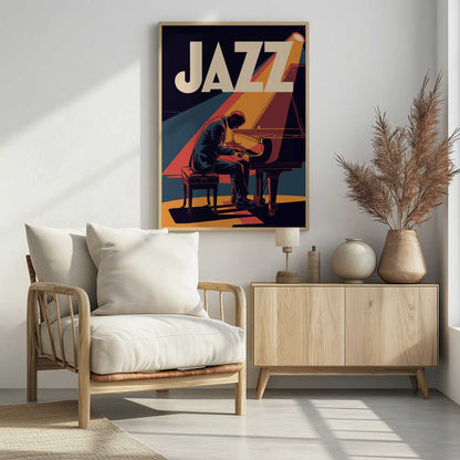 A vintage-style graphic poster featuring a man in a suit playing a grand piano under a spotlight. The word 'JAZZ' is written in large, bold, cream-colored letters at the top against a dark blue background. The color palette is dominated by navy blue, orange, red, and cream, creating a warm and dramatic atmosphere. Wall Art