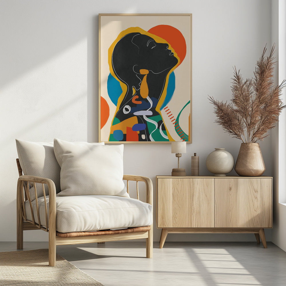 A modern abstract artwork of a person in profile, head tilted back with closed eyes. The figure is a black silhouette outlined in white and yellow, filled with a collage of colorful shapes in orange, blue, and green against a cream background with large orange and blue circles. Decor