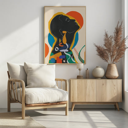 A modern abstract artwork of a person in profile, head tilted back with closed eyes. The figure is a black silhouette outlined in white and yellow, filled with a collage of colorful shapes in orange, blue, and green against a cream background with large orange and blue circles. Decor