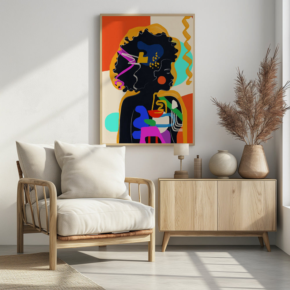 An abstract modern art portrait of a Black woman in profile, her silhouette filled with bold, colorful shapes of blue, red, green, and pink. Her large afro is adorned with abstract patterns, set against a background of orange, cream, and turquoise blocks of color. Decor
