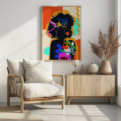An abstract modern art portrait of a Black woman in profile, her silhouette filled with bold, colorful shapes of blue, red, green, and pink. Her large afro is adorned with abstract patterns, set against a background of orange, cream, and turquoise blocks of color. Decor