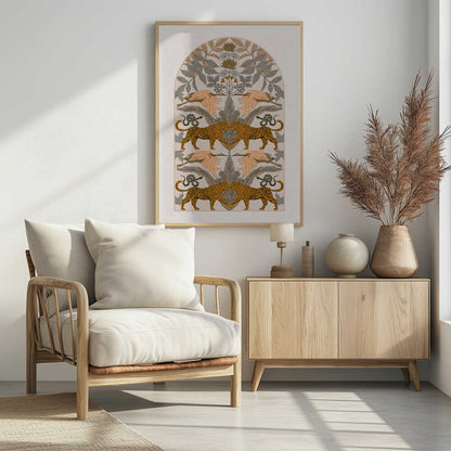 A vintage-style symmetrical illustration within a black frame, featuring mirrored pairs of leopards, snakes, and birds arranged vertically amidst stylized foliage and flowers, rendered in a muted palette of orange, sage green, and cream. Print