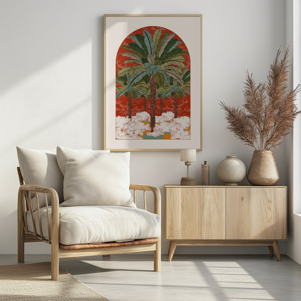 A vintage-style illustration in an arched format, featuring a grove of tall palm trees with detailed green fronds rising from a sea of stylized white clouds against a vibrant red-orange background. Print