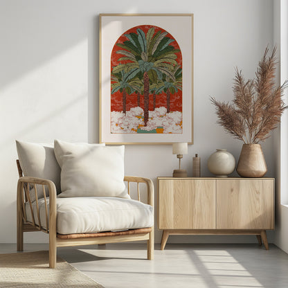 A vintage-style illustration in an arched format, featuring a grove of tall palm trees with detailed green fronds rising from a sea of stylized white clouds against a vibrant red-orange background. Print