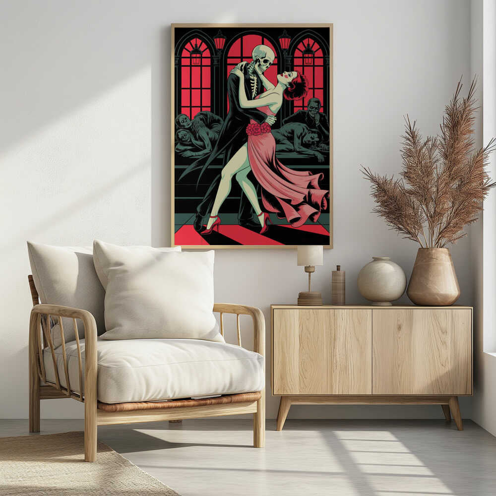 A graphic illustration depicting a skeleton in a black tuxedo dancing the tango with a woman in a flowing pink dress. The background features large, red-paned arched windows and other figures slumped over in a dark, atmospheric room. Decor