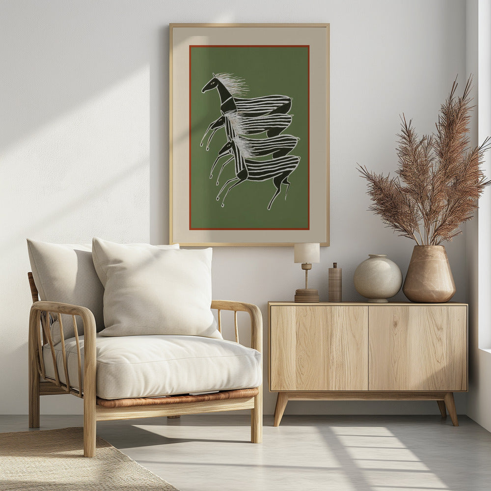 A stylized art print of three zebras running in a vertical formation against a sage green background. The zebras are black with white stripes and flowing white manes, depicted in a dynamic, graphic style. The print is framed with a terracotta and beige mat within a black frame. Poster