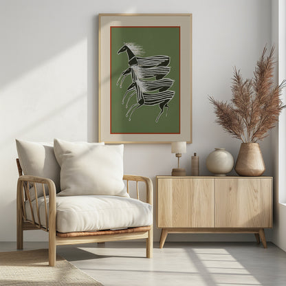 A stylized art print of three zebras running in a vertical formation against a sage green background. The zebras are black with white stripes and flowing white manes, depicted in a dynamic, graphic style. The print is framed with a terracotta and beige mat within a black frame. Poster