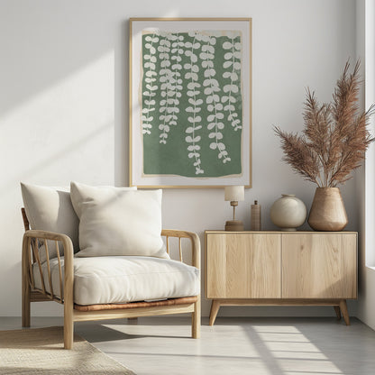 A modern botanical art print featuring stylized white hanging vines cascading down against a solid sage green rectangular background. The green background has a soft, irregular border, layered over a light beige mat, all enclosed in a simple black frame. Artwork
