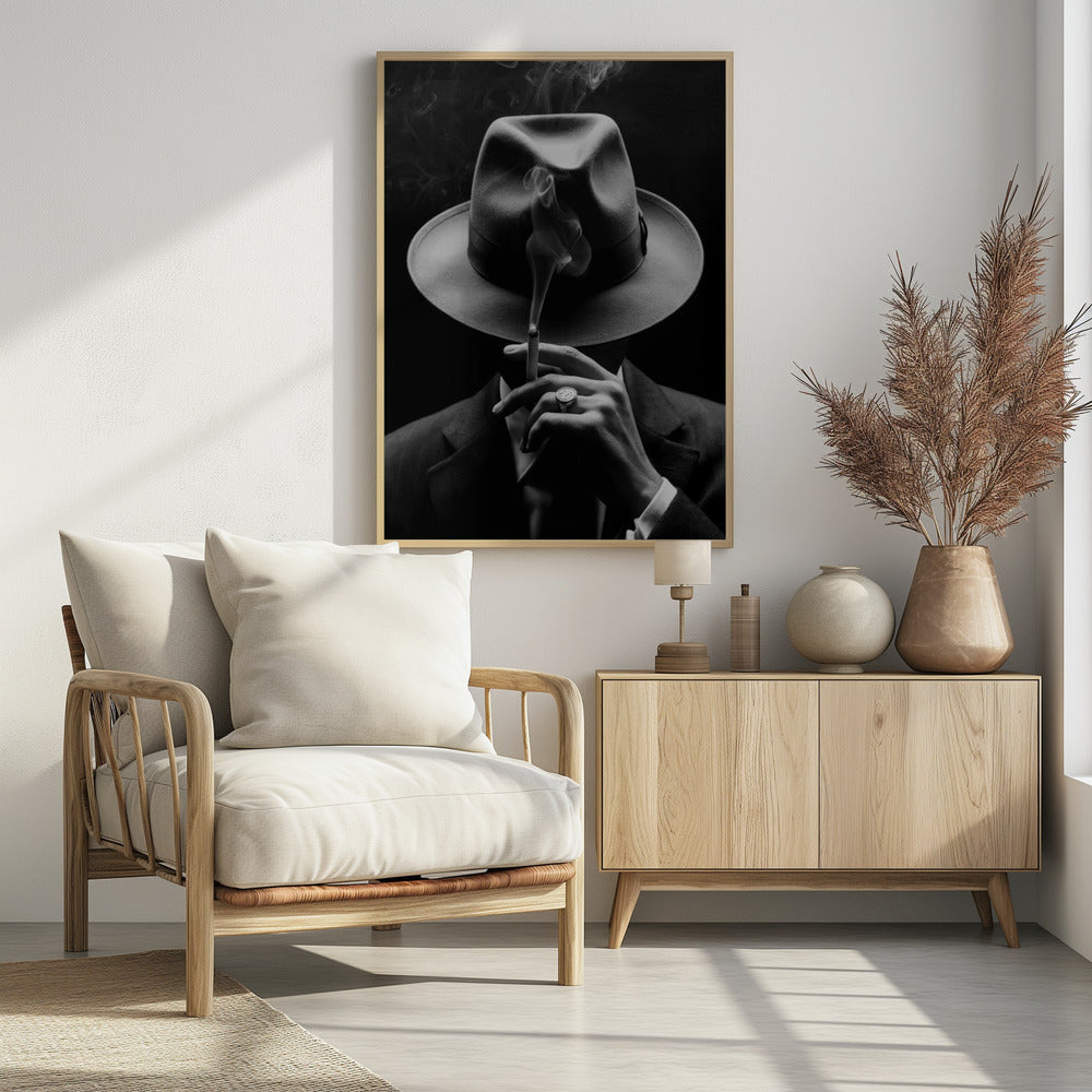 A dramatic black and white portrait of a person in a suit and fedora, their face obscured by the hat's shadow as they hold a lit cigarette with smoke curling upwards. Decor