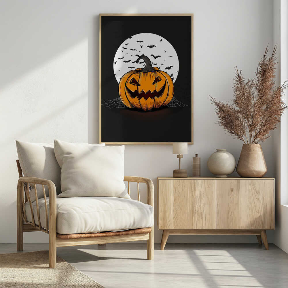 An illustration of a grinning orange jack-o'-lantern sitting in front of a large white full moon. A swarm of black bat silhouettes flies across the moon and the dark night sky. A spiderweb is visible on the ground next to the pumpkin. Poster