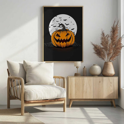 An illustration of a grinning orange jack-o'-lantern sitting in front of a large white full moon. A swarm of black bat silhouettes flies across the moon and the dark night sky. A spiderweb is visible on the ground next to the pumpkin. Poster