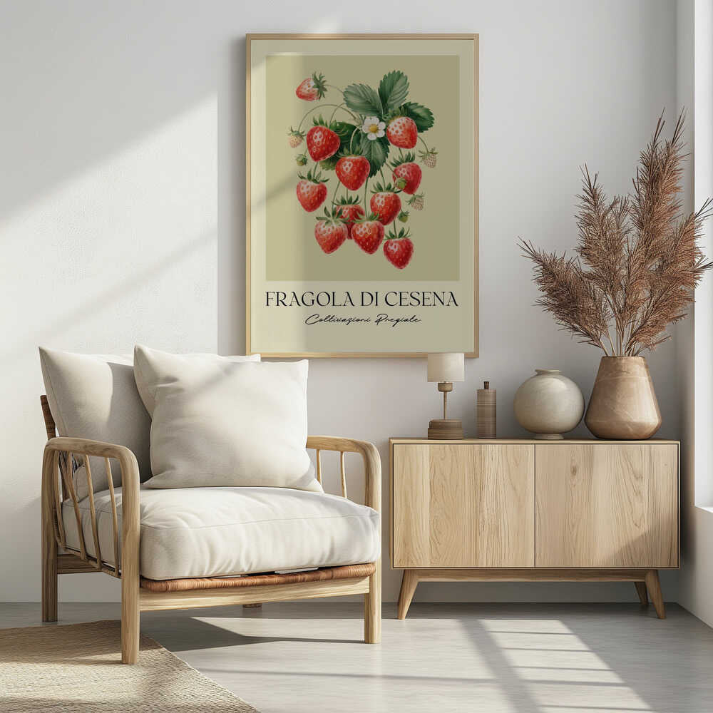 A vintage-style botanical poster featuring a detailed illustration of a strawberry plant with bright red berries, green leaves, and a small white flower. The background is a soft, pale yellow. Below the illustration, the text reads 'FRAGOLA DI CESENA' and 'Coltivazioni Pregiate' in Italian. The entire print is framed in black. Print