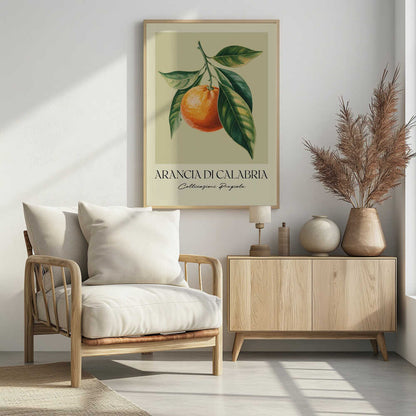 A vintage-style botanical illustration of a ripe orange hanging from a branch with lush green leaves, set against a pale yellow background. Below the image, the text 'ARANCIA DI CALABRIA' is printed in a serif font, with 'Coltivazioni Pregiate' in a script font underneath. The entire print is framed in black. Artwork