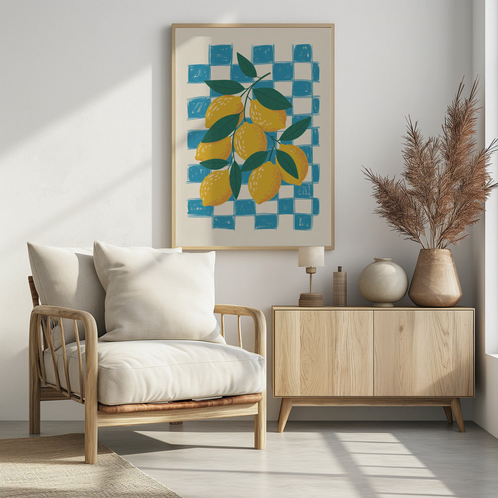A vibrant illustration of a lemon branch laden with yellow lemons and green leaves, set against a loosely drawn blue and cream checkered background, enclosed in a thin black frame. Artwork