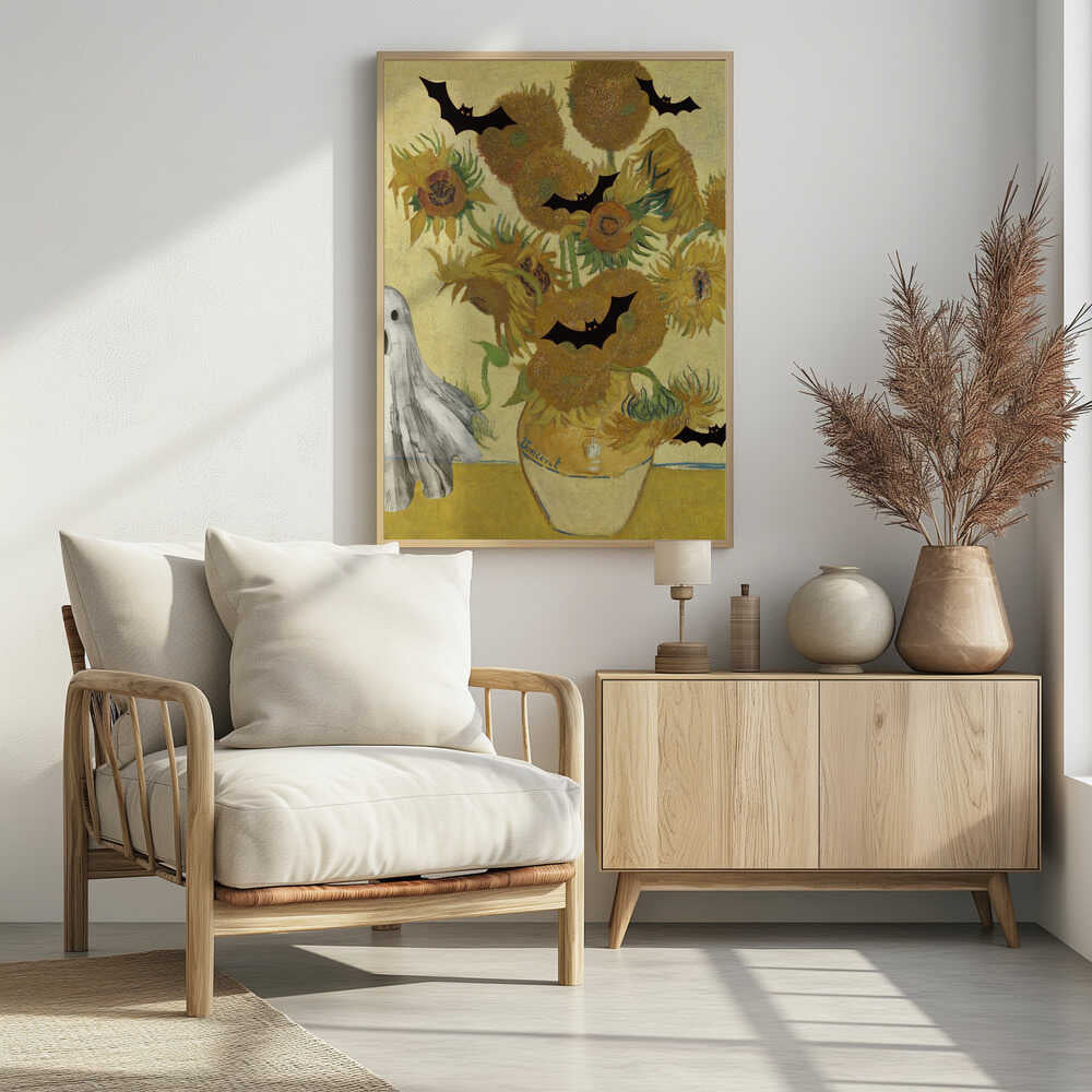 A humorous Halloween-themed parody of Vincent van Gogh's 'Sunflowers' painting. The famous artwork of yellow sunflowers in a vase is decorated with black bat silhouettes and a white sheet ghost peeking into the frame from the left. Artwork
