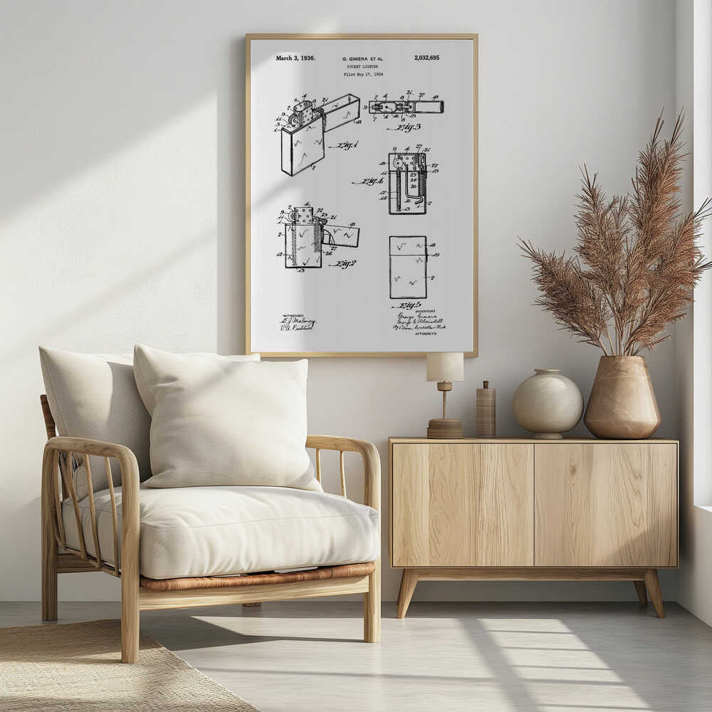 A framed black and white patent illustration for a pocket lighter, invented by G. Gimera et al. The document is dated March 3, 1936, and shows multiple detailed diagrams and cross-sections of the lighter's design and mechanics. Print