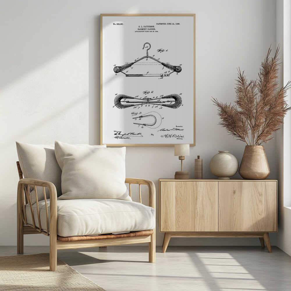 A framed black and white patent illustration for a garment hanger by C. L. Patterson, patented June 12, 1906. The drawing displays three figures detailing the hanger's mechanical design, with cursive signatures at the bottom. Wall Art