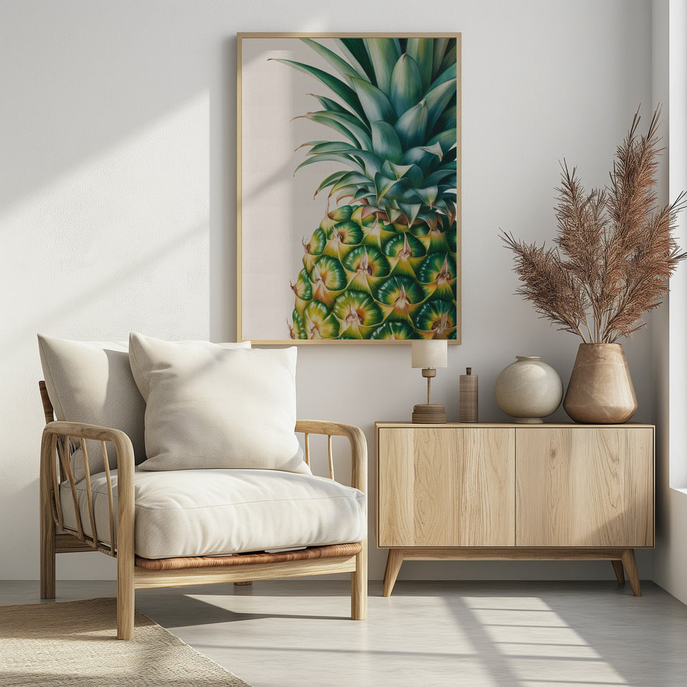 A detailed, realistic painting of the top half of a pineapple against a light cream background, framed in black. The focus is on the vibrant green crown and the geometric pattern of the fruit's skin in shades of green and yellow. Decor