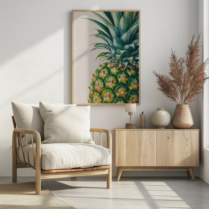 A detailed, realistic painting of the top half of a pineapple against a light cream background, framed in black. The focus is on the vibrant green crown and the geometric pattern of the fruit's skin in shades of green and yellow. Decor