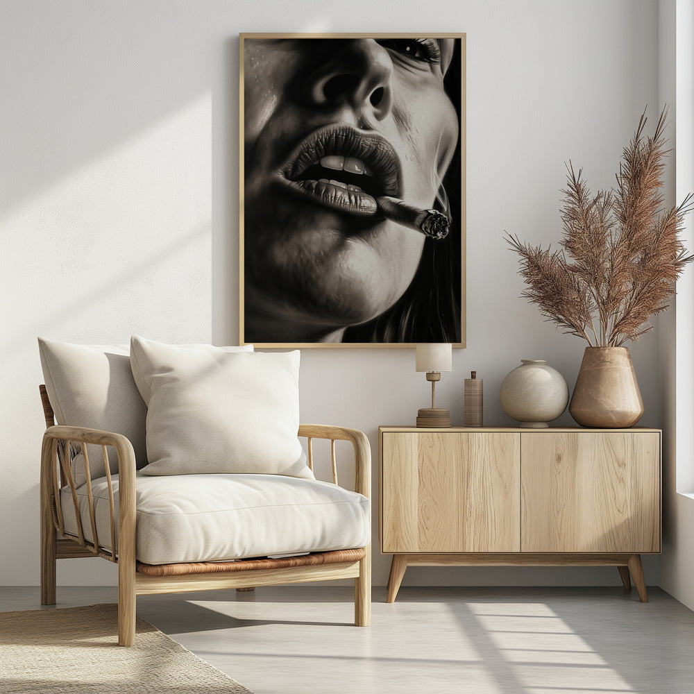 A hyper-realistic, black and white close-up portrait of a woman smoking a cigar. The low-angle shot focuses on her full, textured lips holding the lit cigar, with smoke gently rising. The high-contrast lighting accentuates the details of her skin and mouth. Print