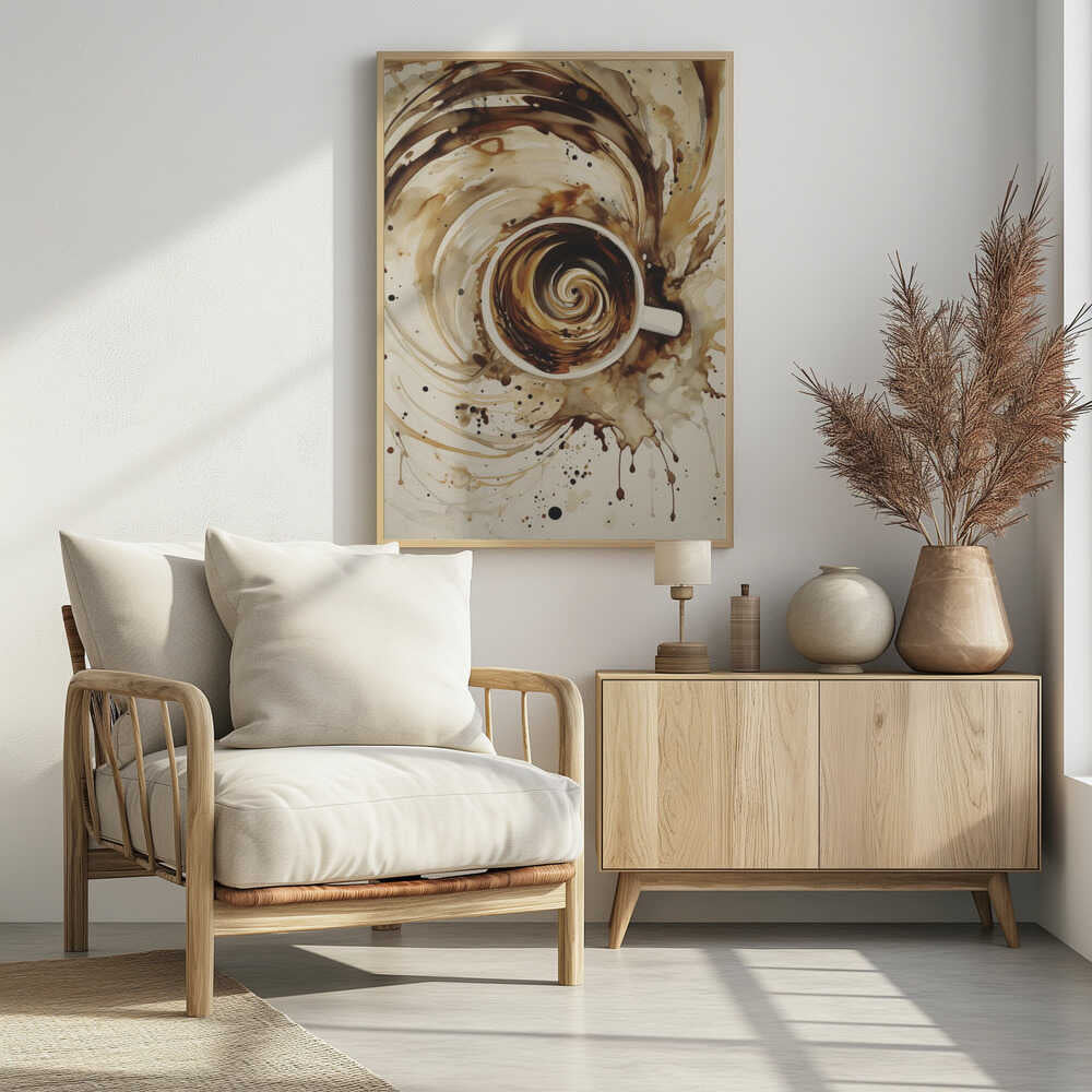 An abstract watercolor painting of a cup of coffee viewed from above. The coffee inside the white mug swirls in a mesmerizing spiral of brown and cream tones. This swirling motion explodes outwards from the cup, creating dynamic splashes and splatters of coffee-colored paint across the light beige background. The artwork is enclosed in a simple black frame. Print