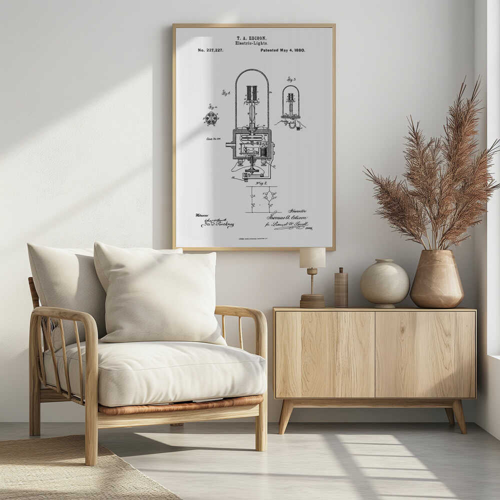 A framed black and white print of T. A. Edison's patent for electric lights, dated May 4, 1880. The document, patent number 227,227, displays detailed technical diagrams of the light bulb and its circuitry, complete with labels, signatures, and formal text. Wall Art