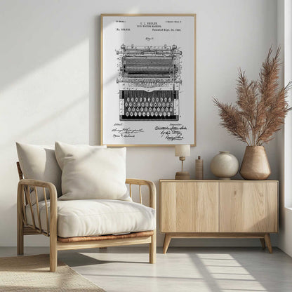 A framed black and white patent illustration of a C. L. Sholes typewriter, patented September 29, 1896. The detailed schematic shows the front view of the machine, including its complex inner workings and an unconventional keyboard layout, with signatures below. Print