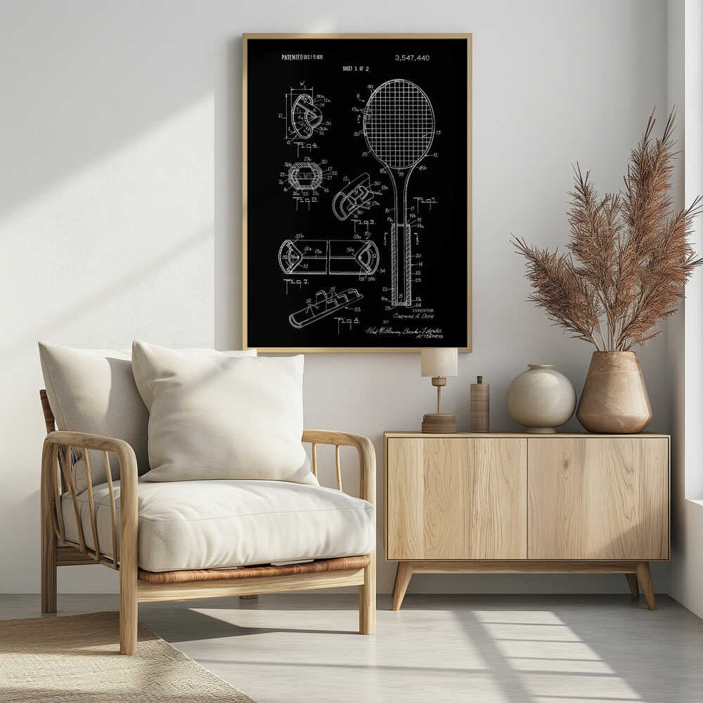A framed patent illustration for a tennis racket, presented in a blueprint style with white lines and text on a black background. The poster displays various technical diagrams of the racket's components, including a full view and several cross-sections, with labels and patent information dated 1970. Poster
