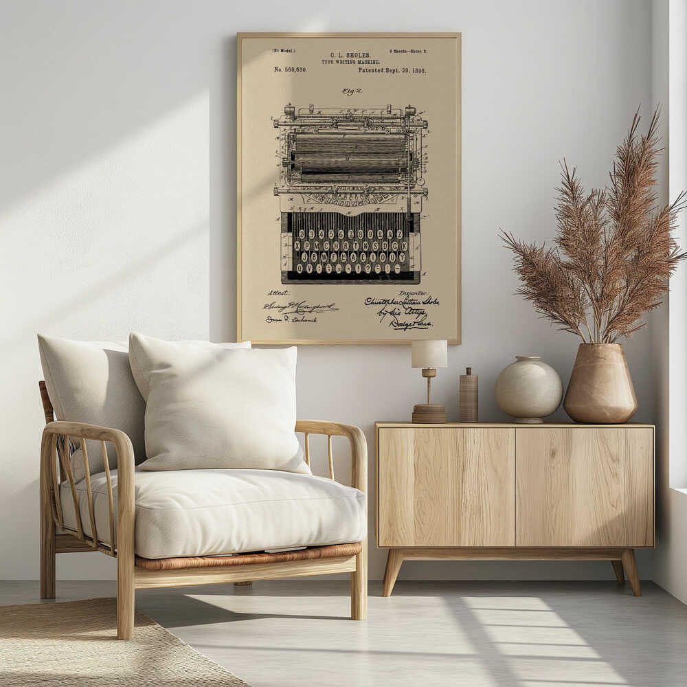 A framed vintage patent illustration for a C.L. Sholes typewriter, dated September 29, 1896. The detailed black ink drawing is on a beige background and shows a front view of the machine's complex mechanics and keyboard, with signatures of the inventor and attestants below. Print