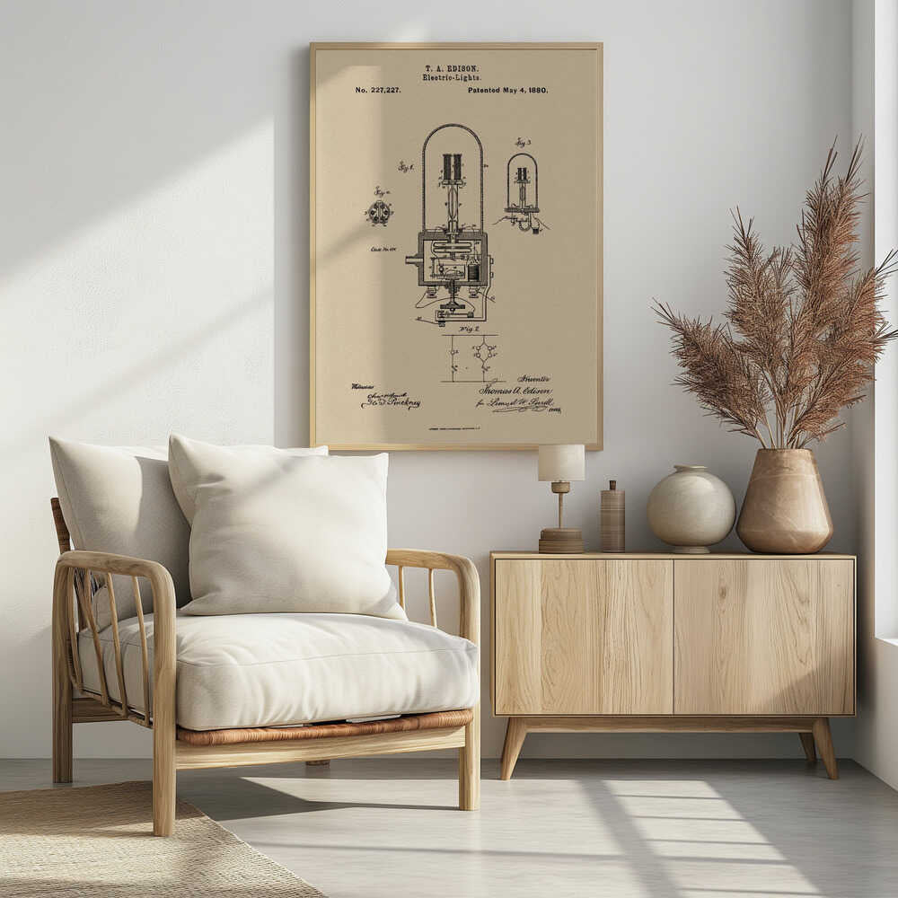 A framed vintage patent illustration for T. A. Edison's electric lights, dated May 4, 1880. The technical drawing, in black ink on a beige background, shows detailed diagrams of an early incandescent light bulb and its circuitry, complete with handwritten signatures. Wall Art