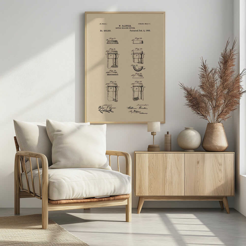 A framed vintage patent illustration for a 'Bottle Sealing Device' by W. Painter, dated 1892. The artwork, on aged beige paper, displays technical diagrams of the first bottle cap and bottle neck, complete with patent numbers, titles, and signatures. Wall Art