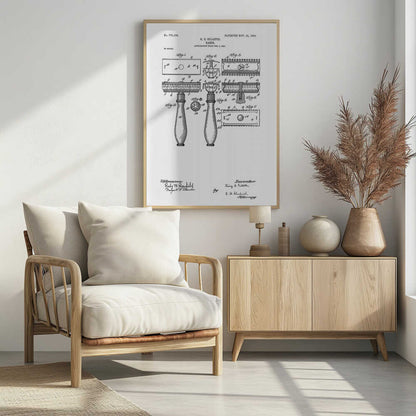 A framed black and white patent illustration for K. C. Gillette's razor, patented November 15, 1904. The drawing displays various figures and diagrams detailing the components of the safety razor, including the handle, head, and blade, with technical labels and signatures. Wall Art