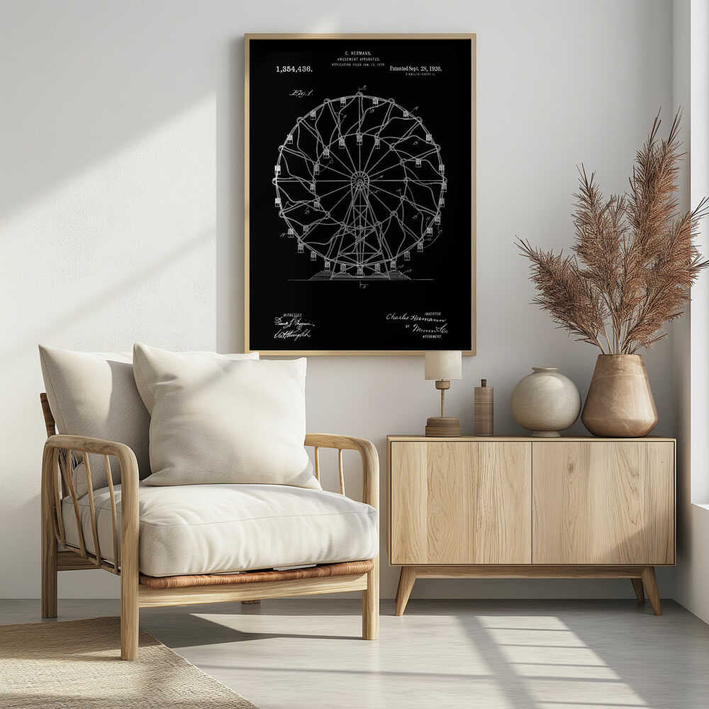 A framed patent illustration of a Ferris wheel from 1920, presented in a blueprint style with white lines and text on a black background. The technical drawing details the structure of the amusement apparatus and includes the inventor's name, patent number, and date. Decor