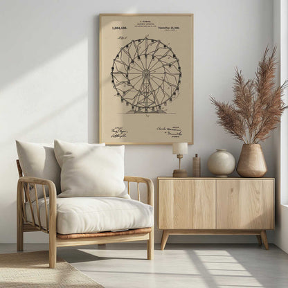 A framed vintage patent illustration of a Ferris wheel from 1920. The technical drawing is in black ink on aged beige paper, detailing the structure of the amusement apparatus. Text at the top identifies the inventor, C. Hermann, and the patent date, September 28, 1920. Decor