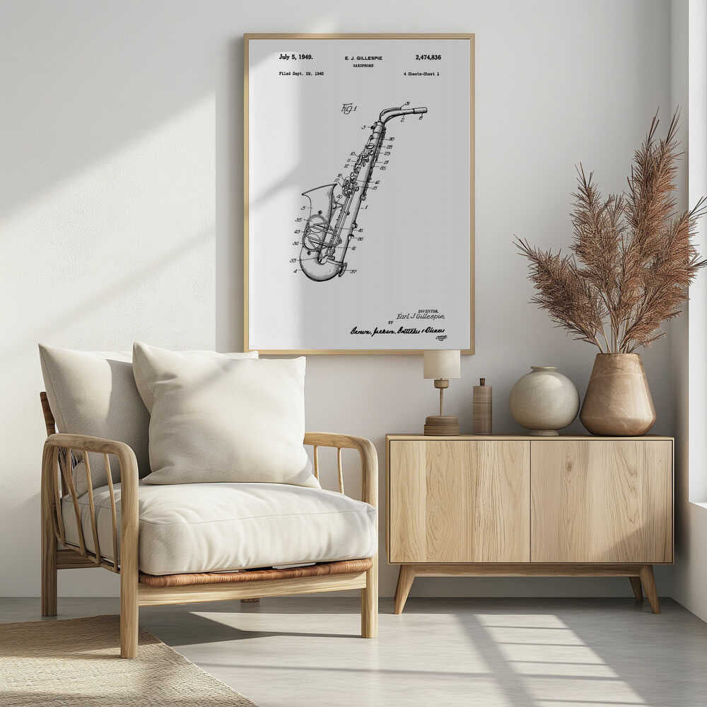 A framed black and white patent illustration for a saxophone, invented by E. J. Gillespie. The drawing, dated July 5, 1949, shows a detailed diagram of the instrument with numbered parts, set against a white background. Wall Art