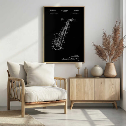 A framed black and white patent illustration for a saxophone, dated July 5, 1949. The image features a detailed schematic of the instrument as a white line drawing on a black background, with various parts numbered. Text at the top includes the date, inventor's name (E.J. Gillespie), and patent number. Wall Art