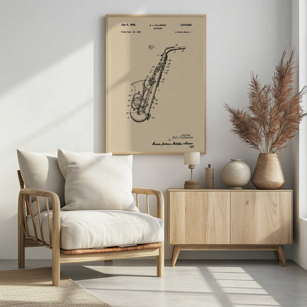 A framed vintage patent illustration of a saxophone, dated July 5, 1949. The detailed black line drawing is on a beige background and includes technical numbers pointing to different parts of the instrument. Artwork