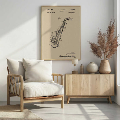 A framed vintage patent illustration of a saxophone, dated July 5, 1949. The detailed black line drawing is on a beige background and includes technical numbers pointing to different parts of the instrument. Artwork
