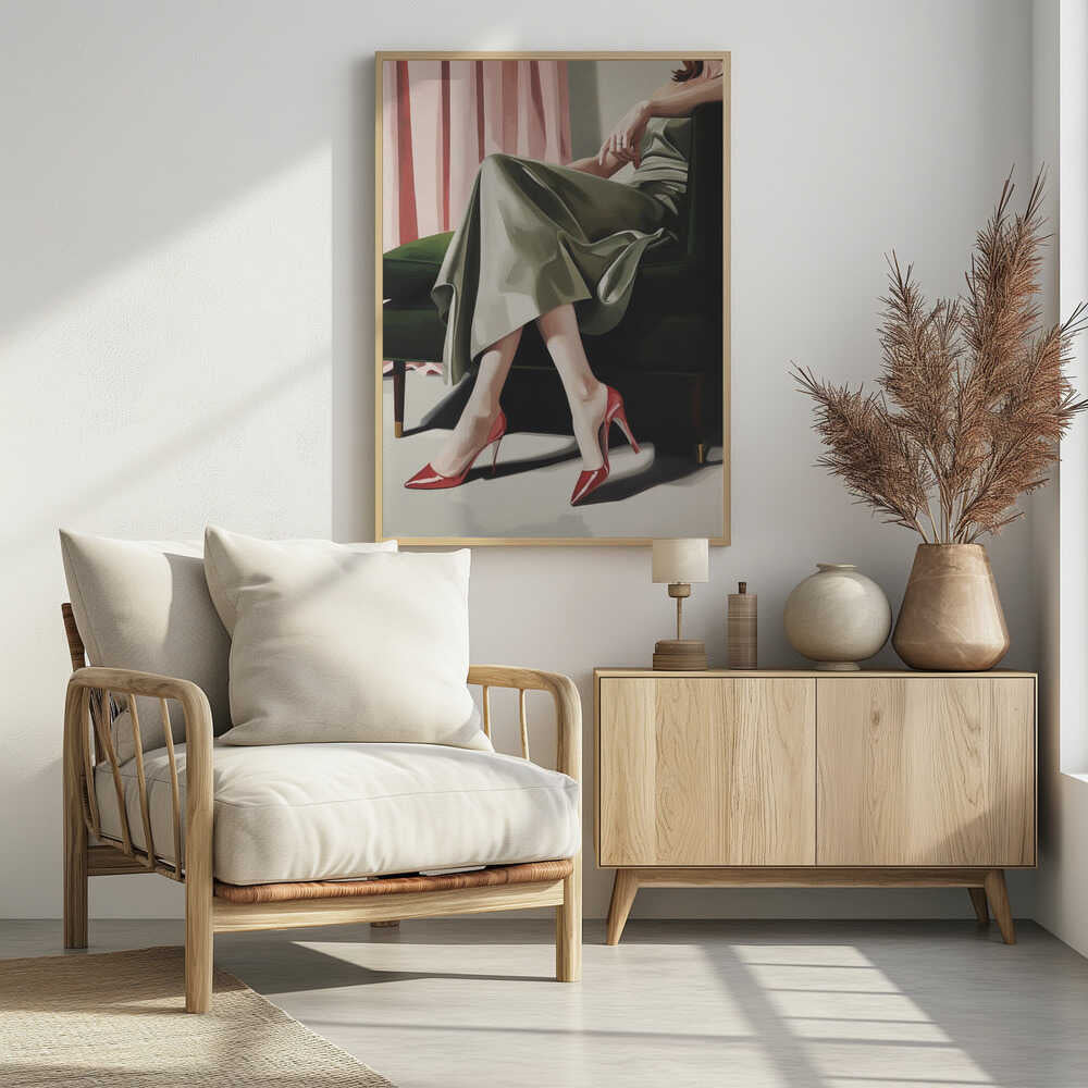 A painting of a woman from the torso down, sitting elegantly in a dark green armchair. She wears a flowing sage green dress and vibrant, glossy red stiletto heels. Behind her, pink curtains add a soft backdrop to the scene. Decor