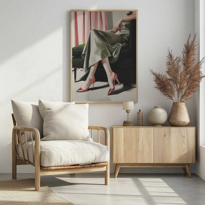 A painting of a woman from the torso down, sitting elegantly in a dark green armchair. She wears a flowing sage green dress and vibrant, glossy red stiletto heels. Behind her, pink curtains add a soft backdrop to the scene. Decor