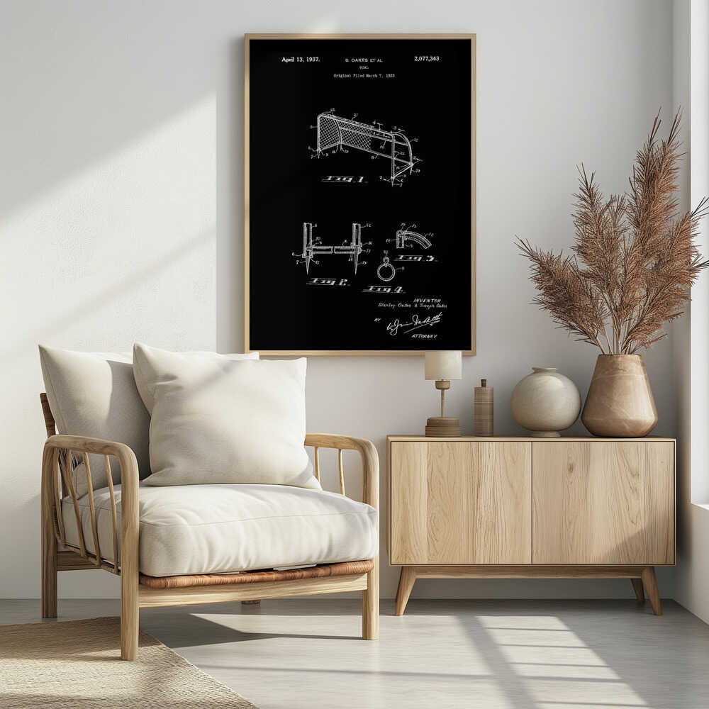 A framed vintage patent illustration for a soccer goal, dated April 13, 1937. The drawing, presented in white lines on a black background, details the construction of the goal with multiple figures and annotations. Decor
