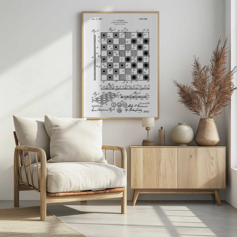 A framed black and white patent illustration for a Checker and Chess Board, dated January 9, 1923. The drawing by inventor J. F. Truskoski shows detailed diagrams of the game board and pieces, complete with reference numbers, figures, and signatures. Print