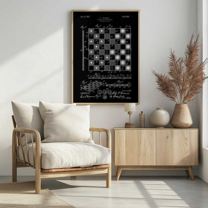 A framed vintage patent illustration for a checker and chess board, presented in a white-on-black blueprint style. The poster displays detailed technical drawings, including a top-down view of the game in progress, a perspective view of the board, and various figures with annotations, all dated Jan. 9, 1923. Wall Art