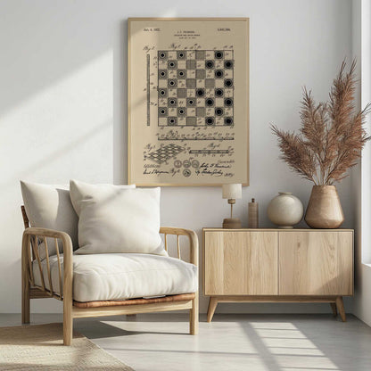 A framed vintage patent illustration for a Checker and Chess Board by J.F. Truskoski, dated 1923. The technical drawing is in black ink on aged beige paper and shows various diagrams of the game board and pieces, complete with labels and signatures. Artwork
