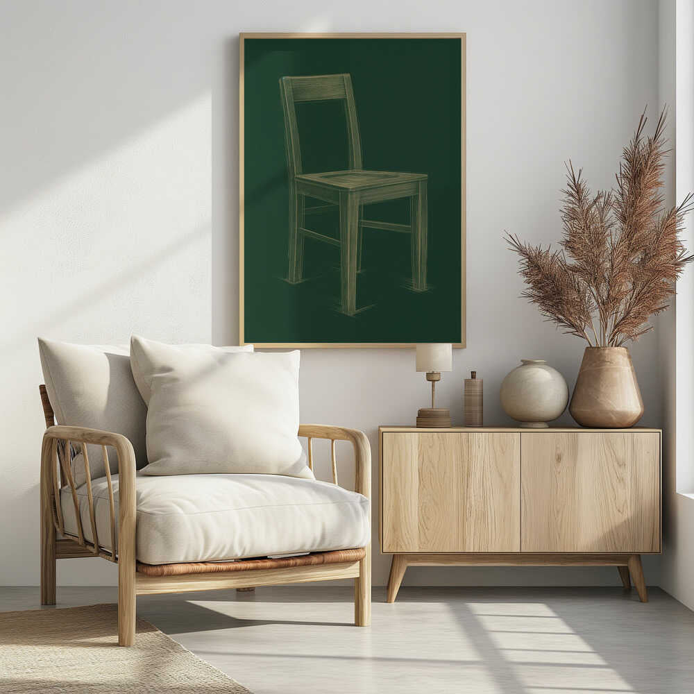 A sketched illustration of a simple wooden chair in a light yellow-green color against a dark green background, resembling a chalk drawing on a chalkboard. The artwork is enclosed in a thin black frame. Wall Art