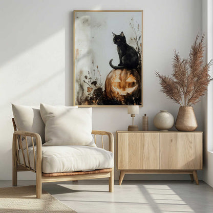 A watercolor style illustration of a black cat with bright yellow eyes sitting on top of a carved pumpkin. The jack-o'-lantern has a wide grin and is glowing from within. The background is a muted, off-white with grey and brown washes, and some dark foliage is visible around the base of the pumpkin. Poster