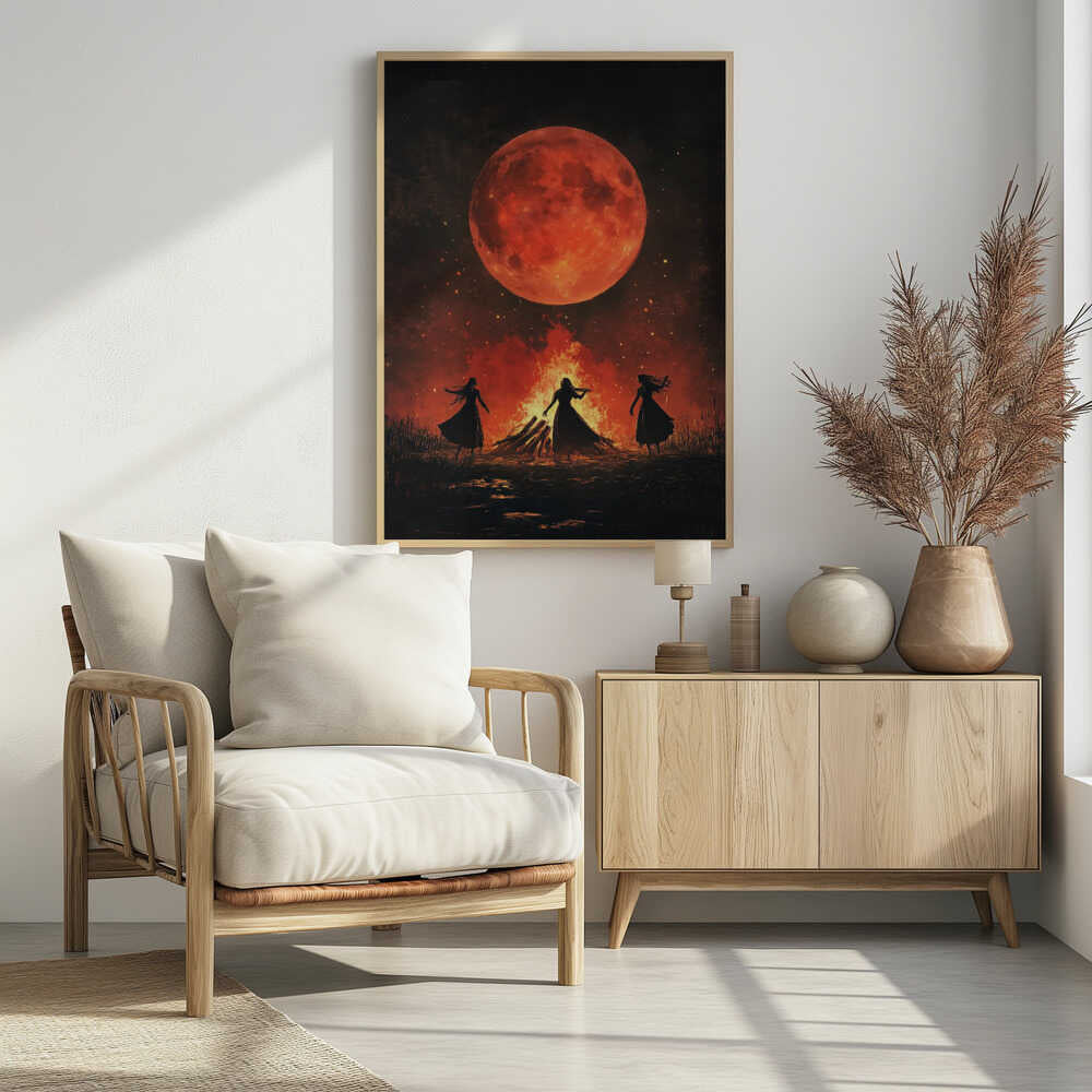 A dramatic painting of three silhouetted women in long dresses dancing around a large bonfire at night. Above them, a massive, textured, blood-red full moon hangs in a dark sky filled with embers and stars. Print
