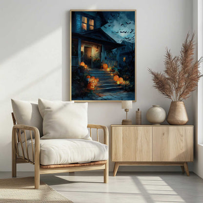A painterly illustration of a blue house decorated for Halloween at night. Glowing jack-o'-lanterns line the front steps leading to a warmly lit porch. A swarm of bats flies across the dark, moonlit sky. Artwork