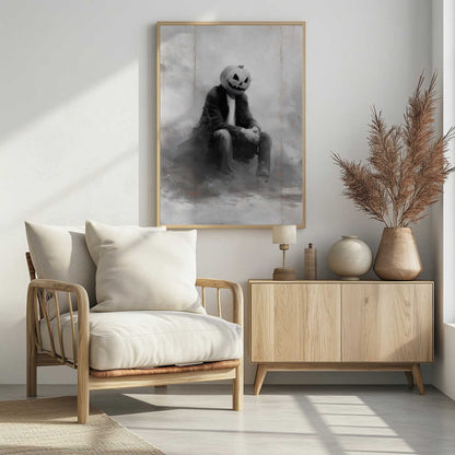 A moody, black and white painting of a person with a carved jack-o'-lantern for a head, sitting down in a foggy, indistinct environment. The figure is wearing a dark coat, white t-shirt, and jeans, with their hands clasped in their lap. Wall Art