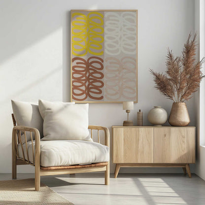 A modern abstract painting in a black frame, divided into four quadrants. Each quadrant features repeating, hand-painted coil patterns: yellow in the top left, off-white in the top right, rust brown in the bottom left, and pale peach in the bottom right, all set against a neutral beige background. Wall Art